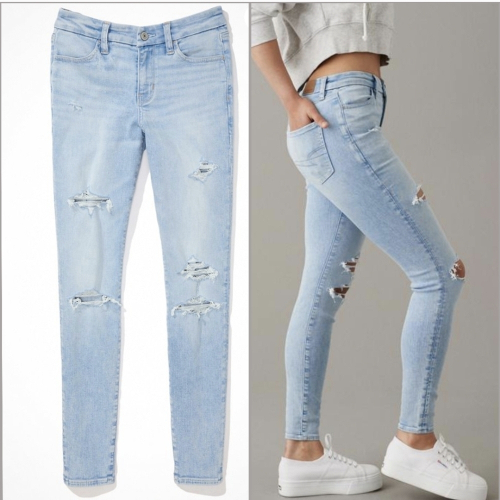 12 Long CURVY American Eagle High Rise Jeggings NWT Ripped Distressed Tall - Picture 2 of 5
